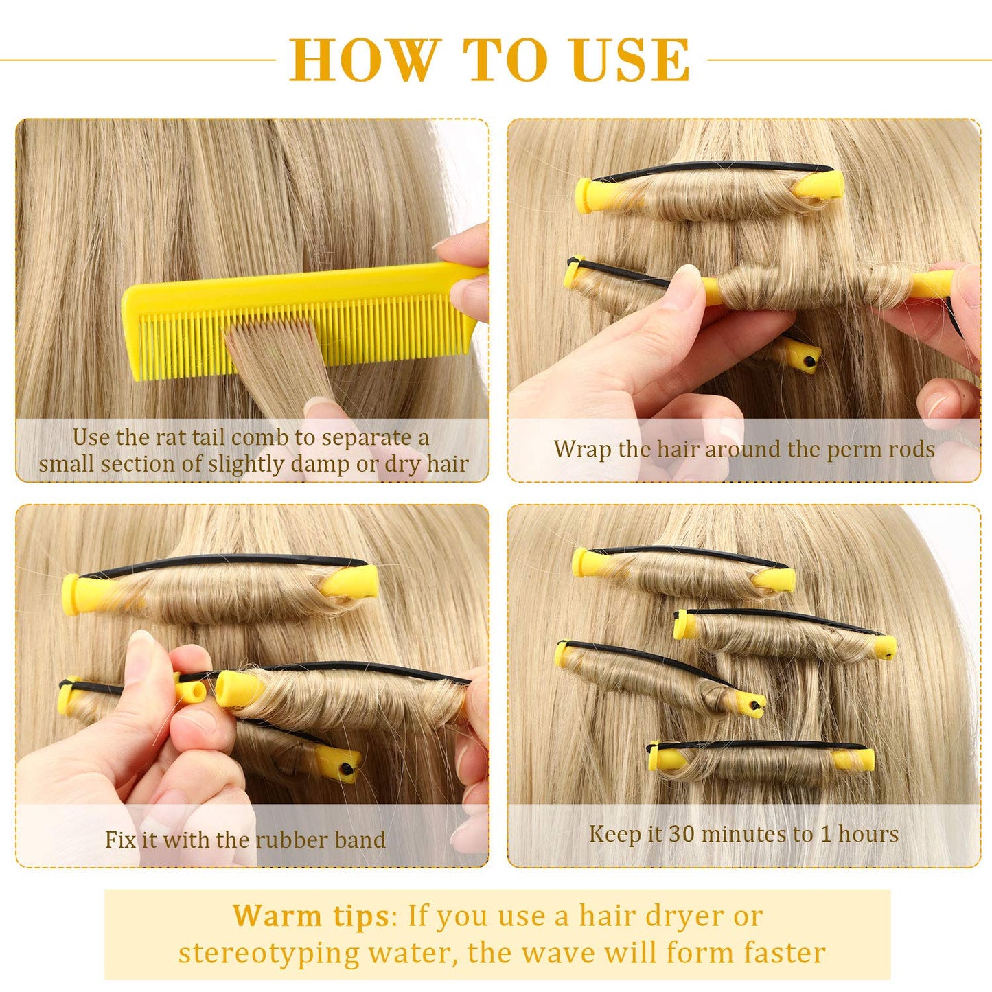 WILLBOND Cold Wave Rods - 36 Hair Perm Rollers with Steel Rat Tail Comb for Styling