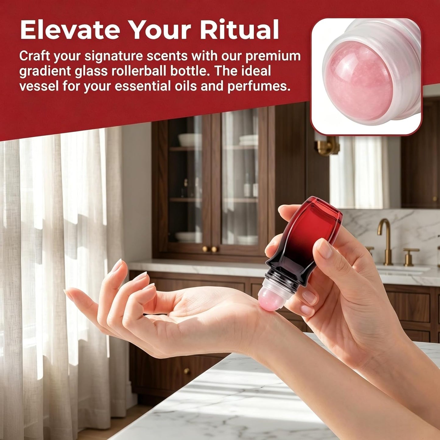 Rose Quartz Roller Bottle - 50ml Refillable Amber Glass Container | Leak-Proof Design with Pink Beads