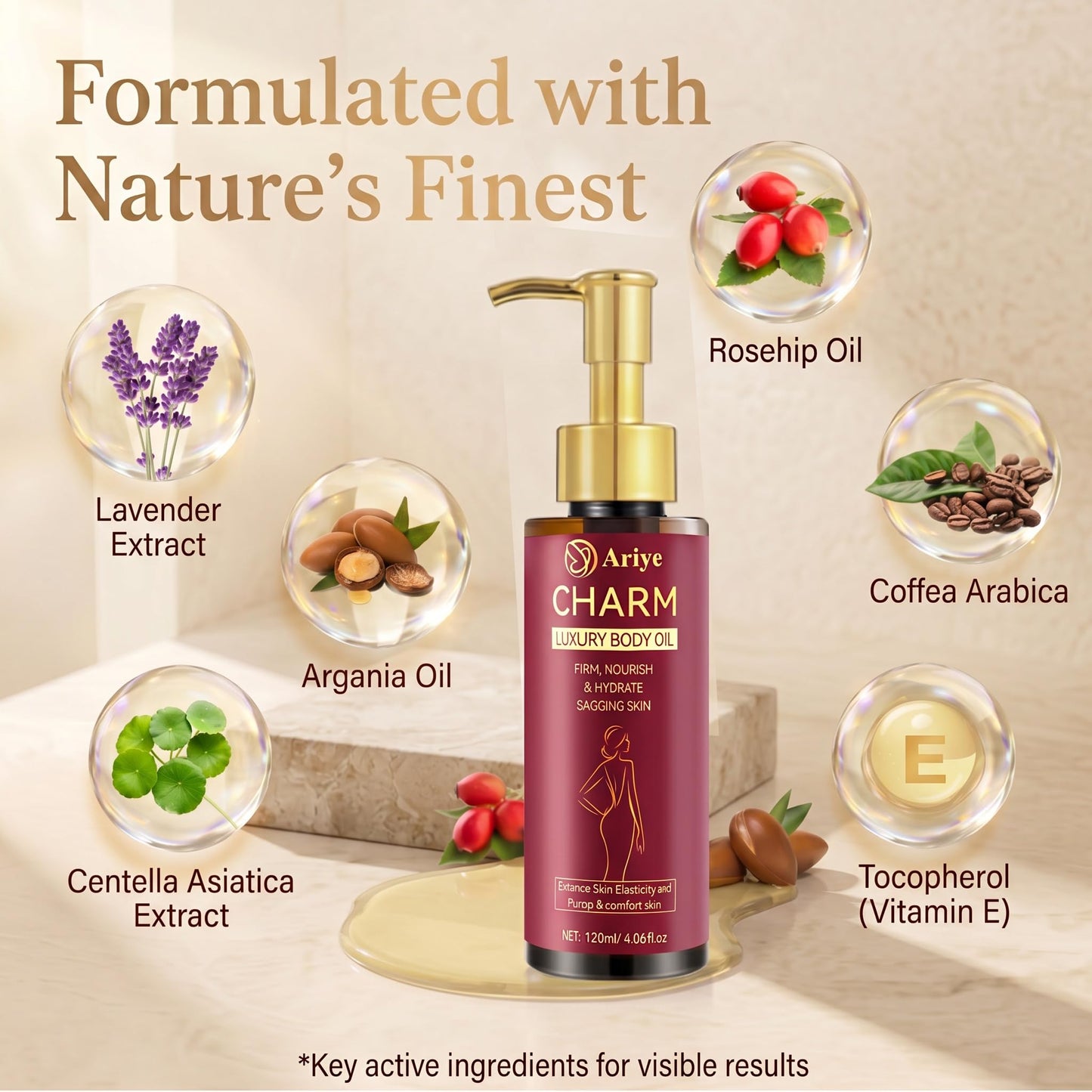 ARIYE Firming Body Oil for Crepe Skin, After Shower Glow Oil, Natural Moisturizer for Dry Skin, Tightens & Softens Crepe Skin & Wrinkles, Lightweight Non-Greasy for Arms Legs Stomach, 4.06 Fl Oz
