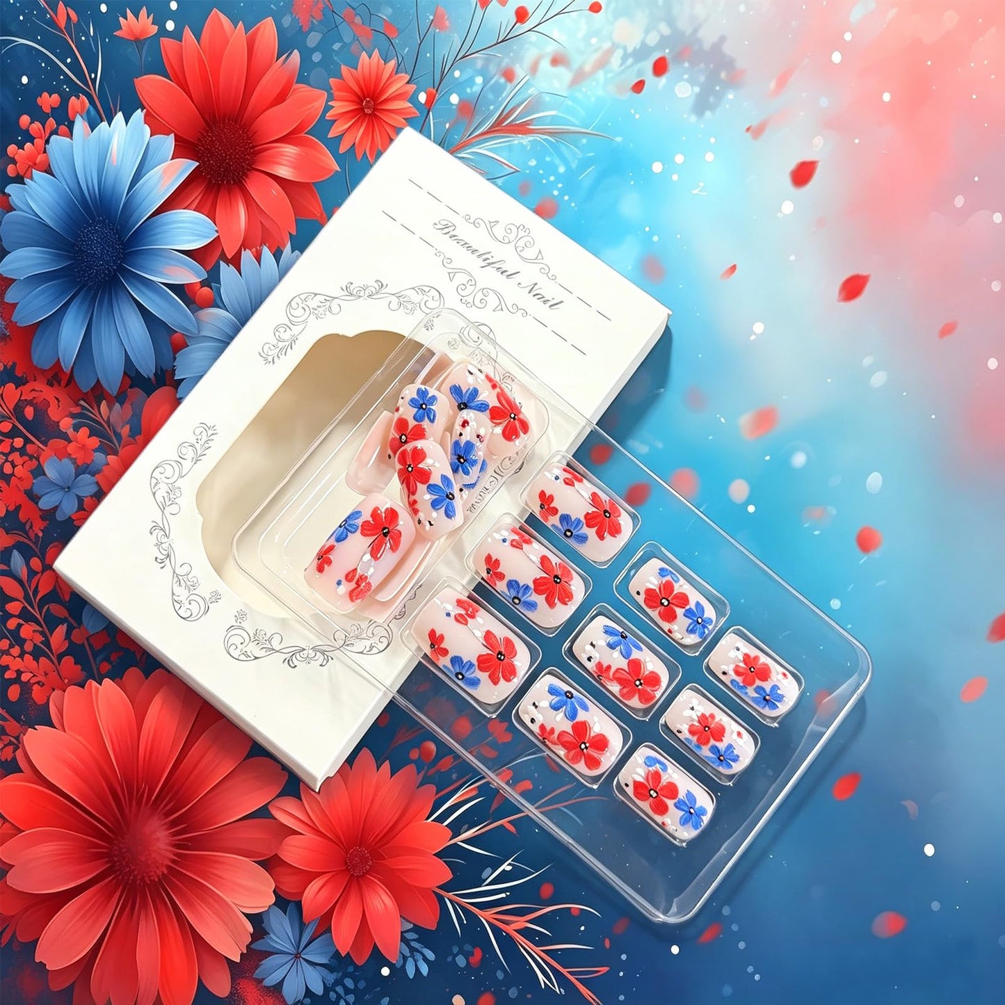 4th of July Press on Nails Medium Square Fake Nails with Red White Blue Flower Designs Glossy Acrylic Nails Press ons, 24Pcs Patriotic Independence Day Stick on Nails for Women Manicure