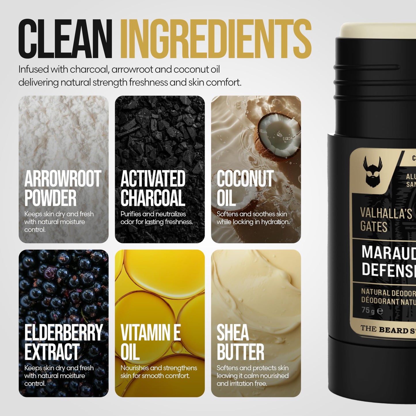 The Beard Struggle Natural Deodorant - Marauder’s Defense - 100% Natural Charcoal Infused Deodorant Men Aluminum Free - Gold Collection, Valhalla's Gates - 2.65 oz.US.