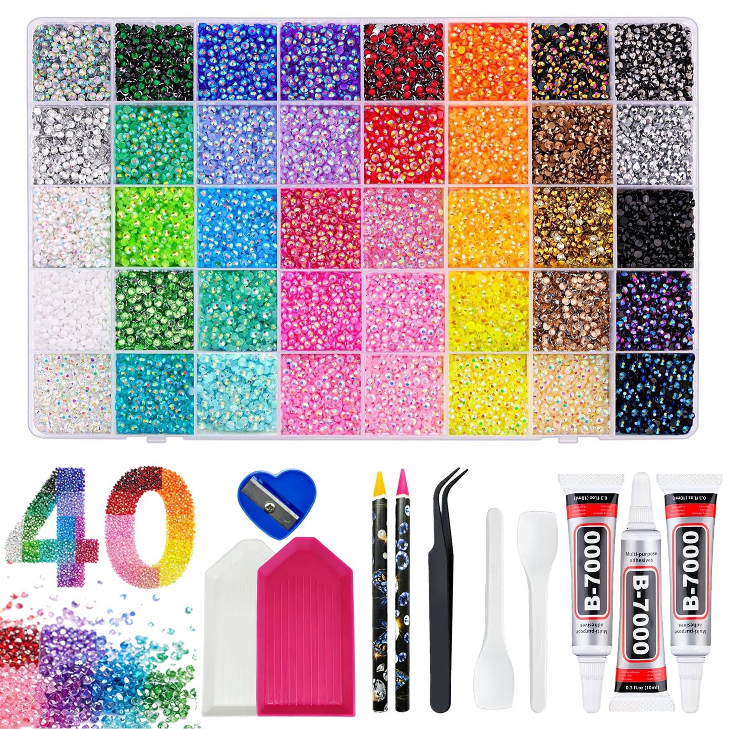 Bedazzling Kit 40000Pcs 40 Colors Resin Jelly Rhinestones, Multicolor 3mm Flatback Gems with 3Pcs B7000 Jewelry Glue & Tools, All-In-One Bedazzler Kit for Crafting Book Shoes Clothing Nail Diamond Art
