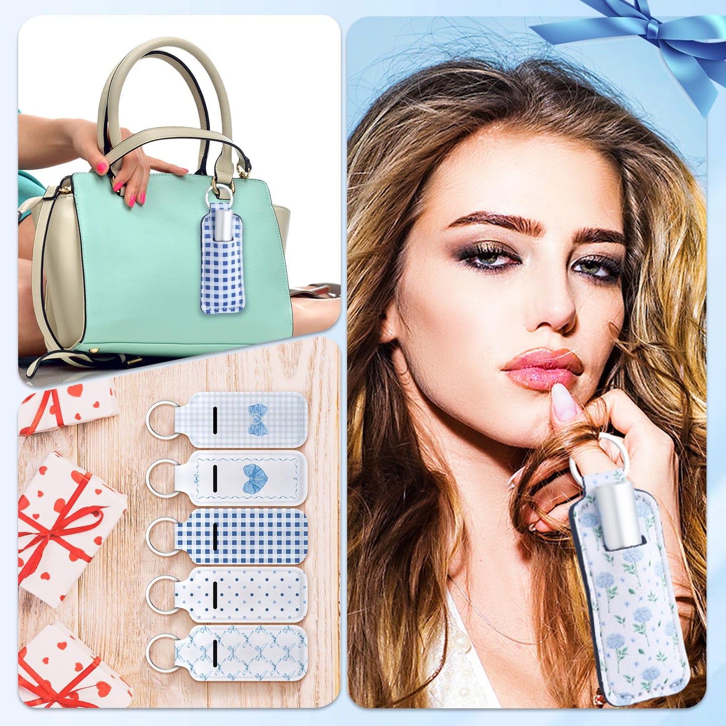 Ctosree 20 Pcs 20 Pcs Coquette Bow Lipstick Holder Keychain Gifts Bulk Coquette Lip Balm Holder Keychain Bow Birthday Party Favors (Elegant Style,Blue)
