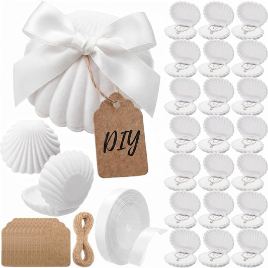 Nosiny 24 Sets Seashell Velvet Ring Boxes, Beach Wedding Favors for Guests, Bridesmaid Proposal Gifts with Ribbon & Tags, Bulk Bridal Shower Party Favors, Seaside Travel Jewelry Holder for Women