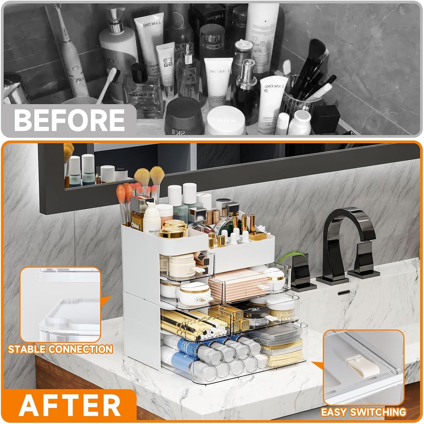 Makeup Organizer for Vanity - Large 6-Drawer Plastic Cosmetic Storage | White Dresser & Bathroom Holder for Lipstick, Brushes, Skincare