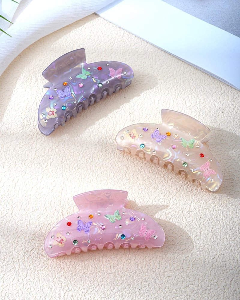 Bow Printed Hair Claw Clips - Non-Slip Medium Grip Clips with Colored Zircon | 3.74” Acrylic Jaw Clips (Pink, Gray, Skin Color)
