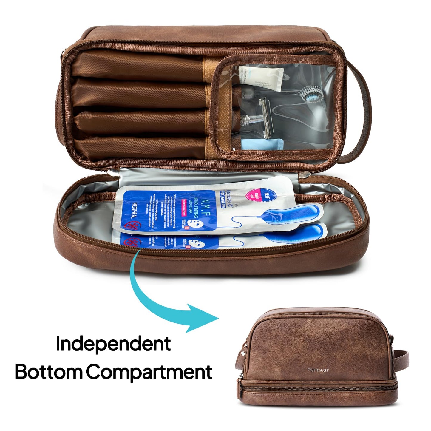 TOPEAST Toiletry Bag for Men, Large PU Leather Dopp Kit with Waterproof Wet Pocket, Double Layer Travel Toiletry Organizer with Brush Compartment, Shaving Bag with Handle, Brown