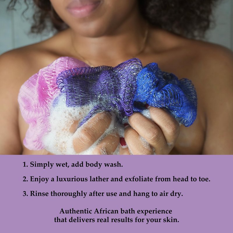 Rominetak African Net Sponge Authentic, 2 Pieces African Exfoliating Net Sponge with Knots, Quick-Drying Body Scrub Net, Bath Washcloth Loofah for Women and Men (Dark Green+Rose)
