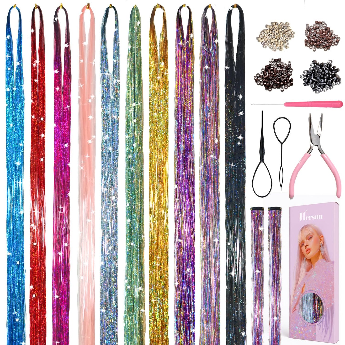 Hersun Hair Tinsel Kit - 10 Colors, 3200 Strands, 48in | Heat-Resistant Fairy Hair Extensions for Parties & Festivals