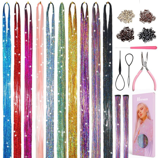 Hersun Hair Tinsel 10 Colors 3200 Strands 48in with Tools Fairy Tinsel Hair Extensions Kit Heat Resistant Colored Fairy Hair For Christmas Party Festival