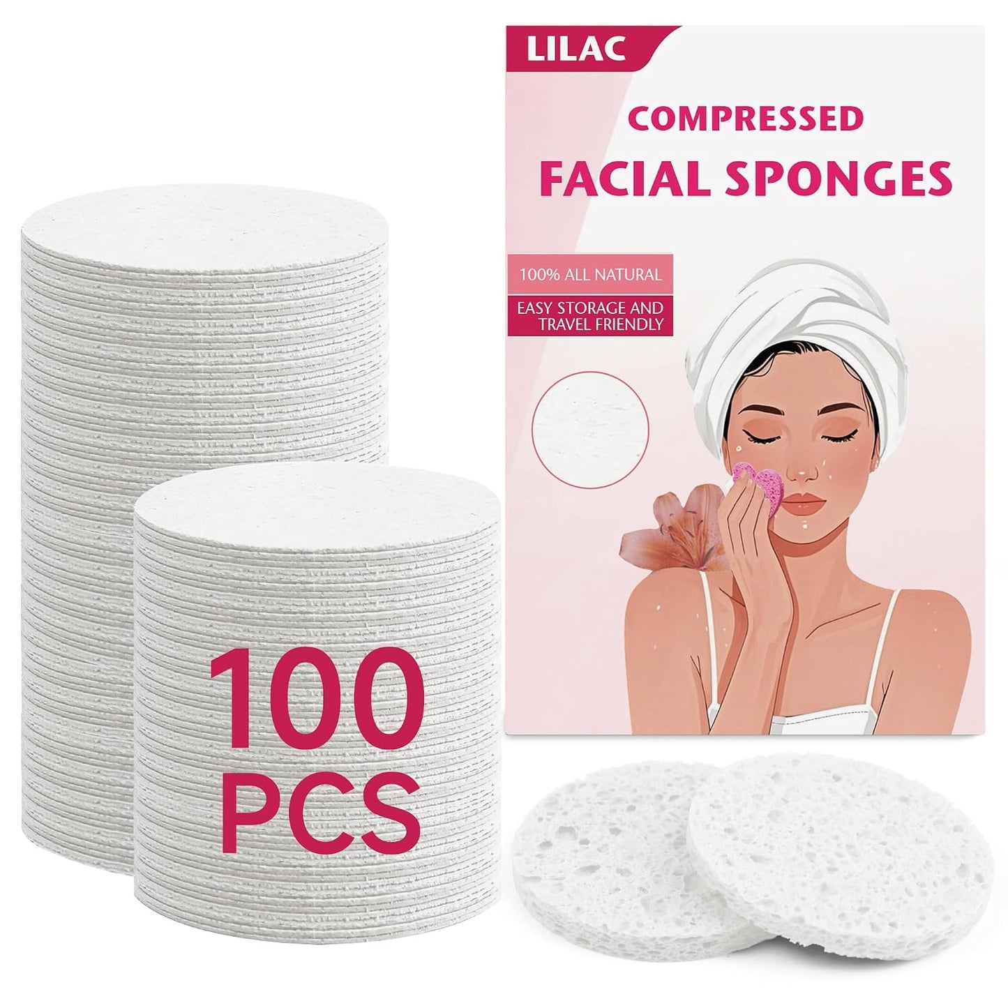 Compressed Facial Sponges - 100% Natural Cellulose Eco-Friendly Makeup Sponges for Gentle Cleansing & Exfoliating | 100 Count, Round White