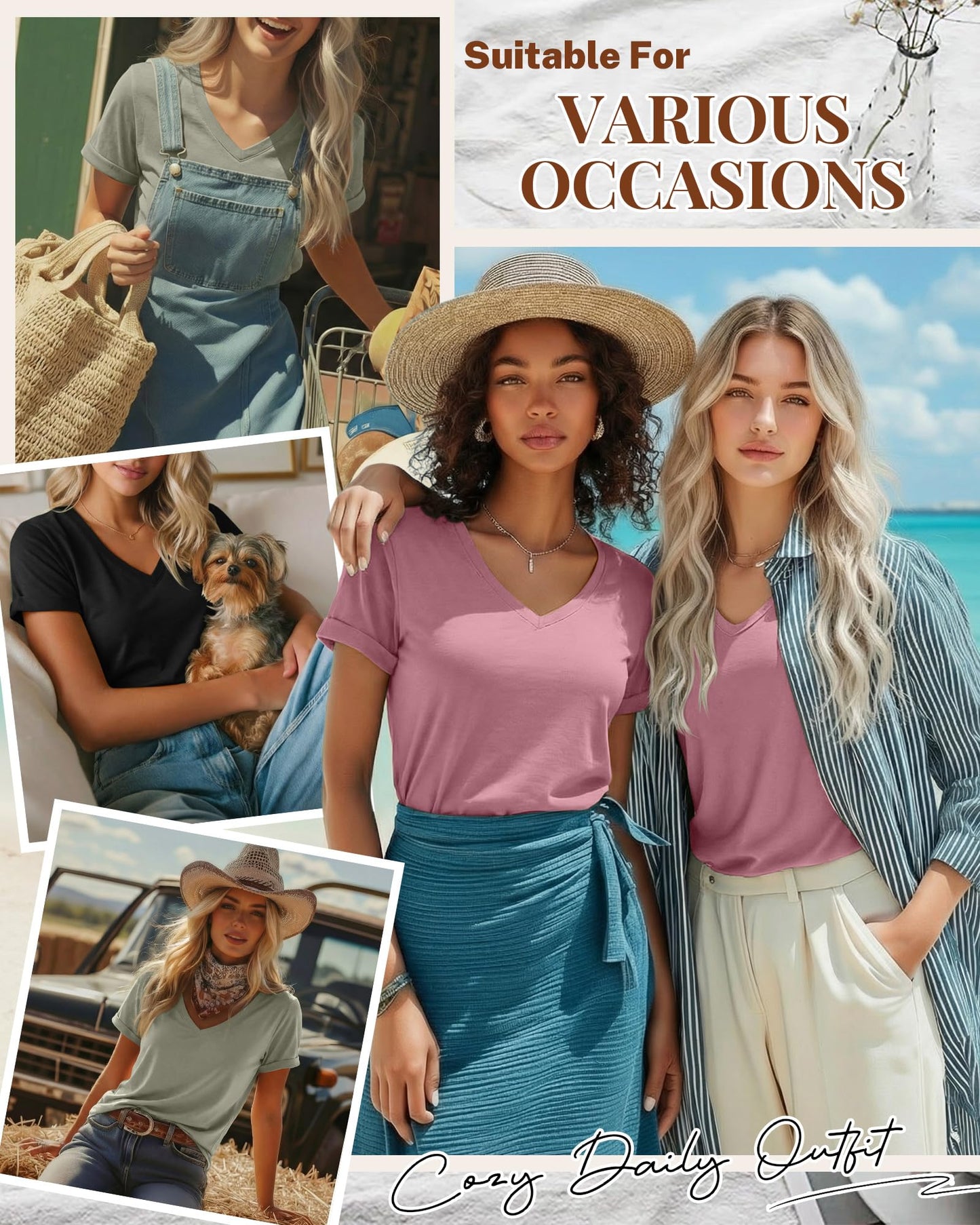 Ficerd 3 Pack Women's V Neck T Shirts, Summer Casual Short Sleeve Tops Loose Fit Rolled Sleeve Tees Trendy Shirts