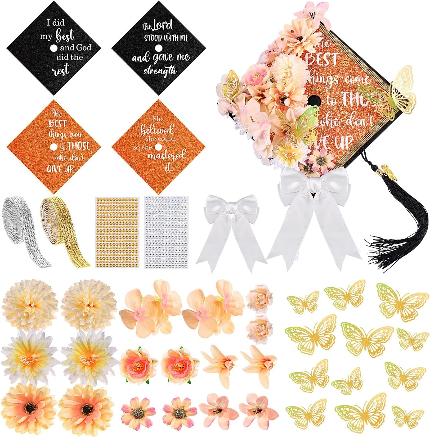 DIY Graduation Cap Decorations Kit - 40 Pcs with Flowers, 3D Butterflies & Rhinestones | Orange
