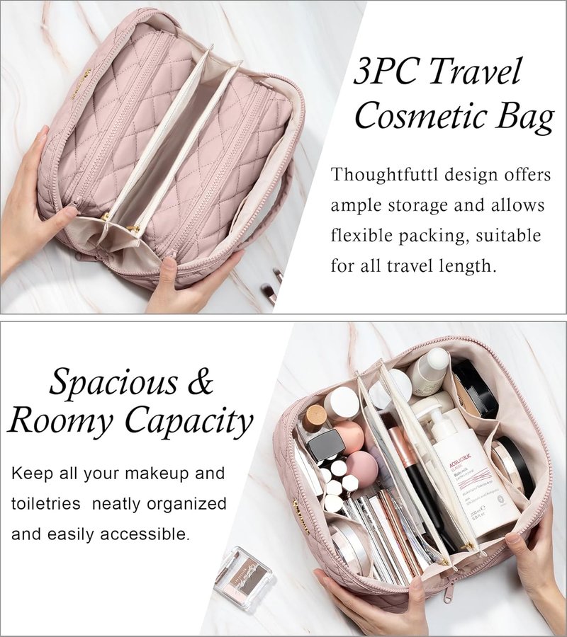 Travel Makeup Bag - 3 Pcs Large Capacity Toiletry Organizer for Women | Water-Resistant, Portable, Light Pink