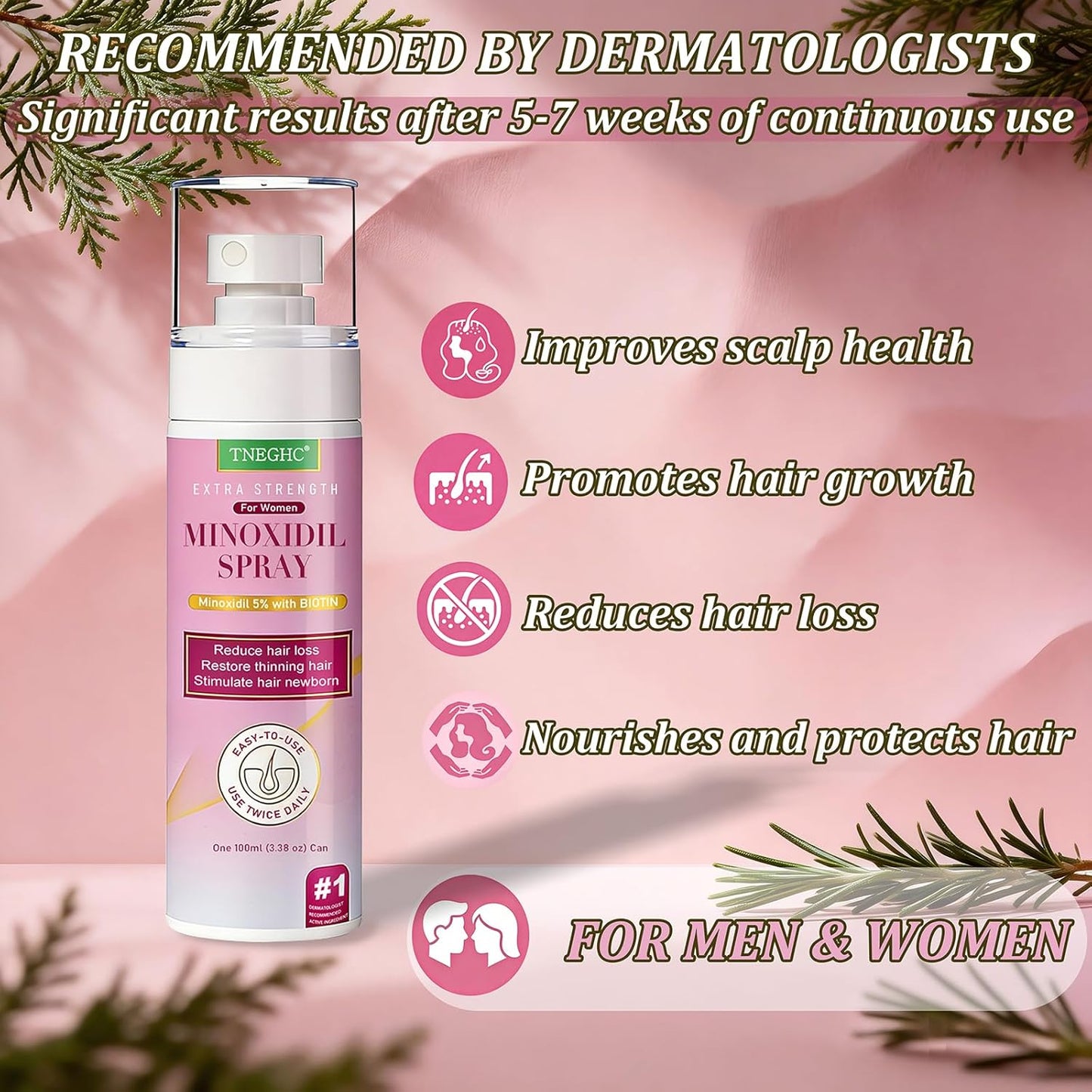 Minoxidil Spray for Hair Regrowth | Extra Strength Treatment with Biotin for Thinning Hair - 5 x 3.38 OZ (8-9 Month Supply)
