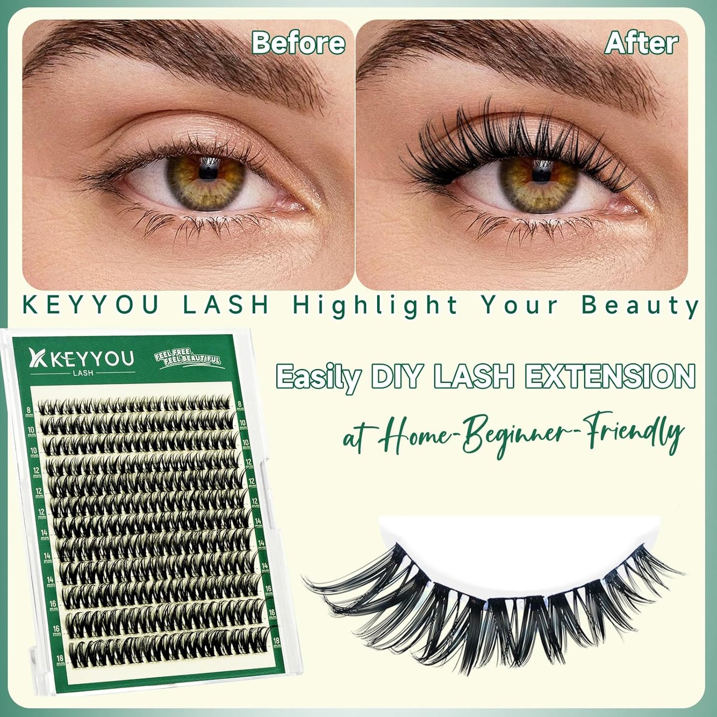 Flora Lash Clusters - D Curl Eyelash Extensions | 132pcs Classic Wispy Natural False Lashes (8-18mm Mix)