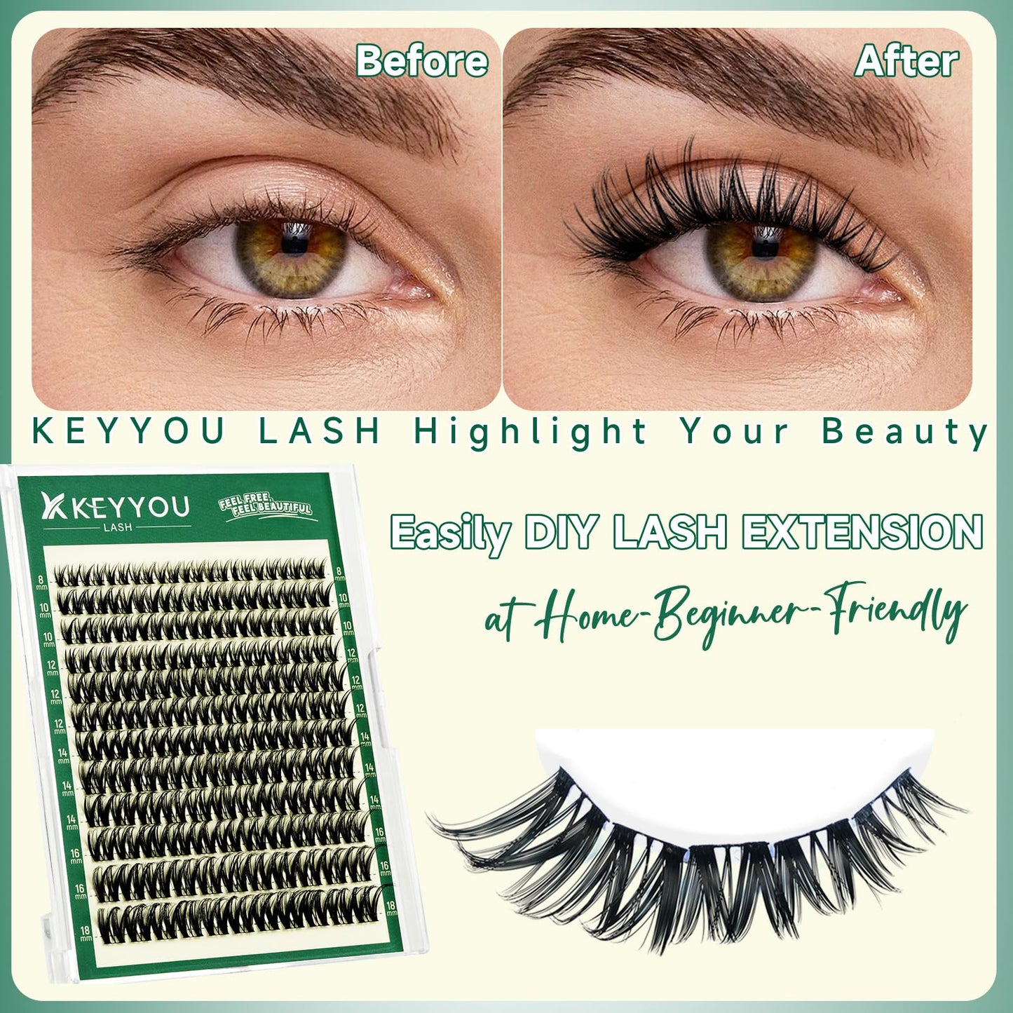 KEYYOU Flora Lash Clusters Flaunt Eyelash Clusters D Curl Cluster Eyelash Extensions 8-18mix False Eyelashes 132pcs Classic Wispy Natural Lash Cluster with Spikes（F01）