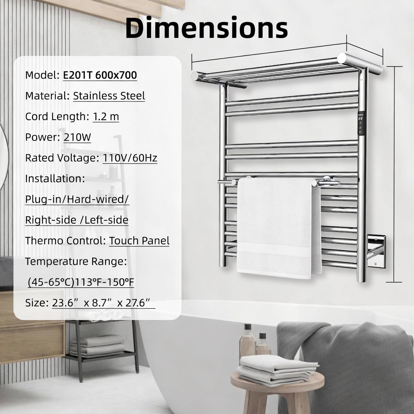 P&Dlusir E201T Heated Towel Rack with Top Shelf, Polished