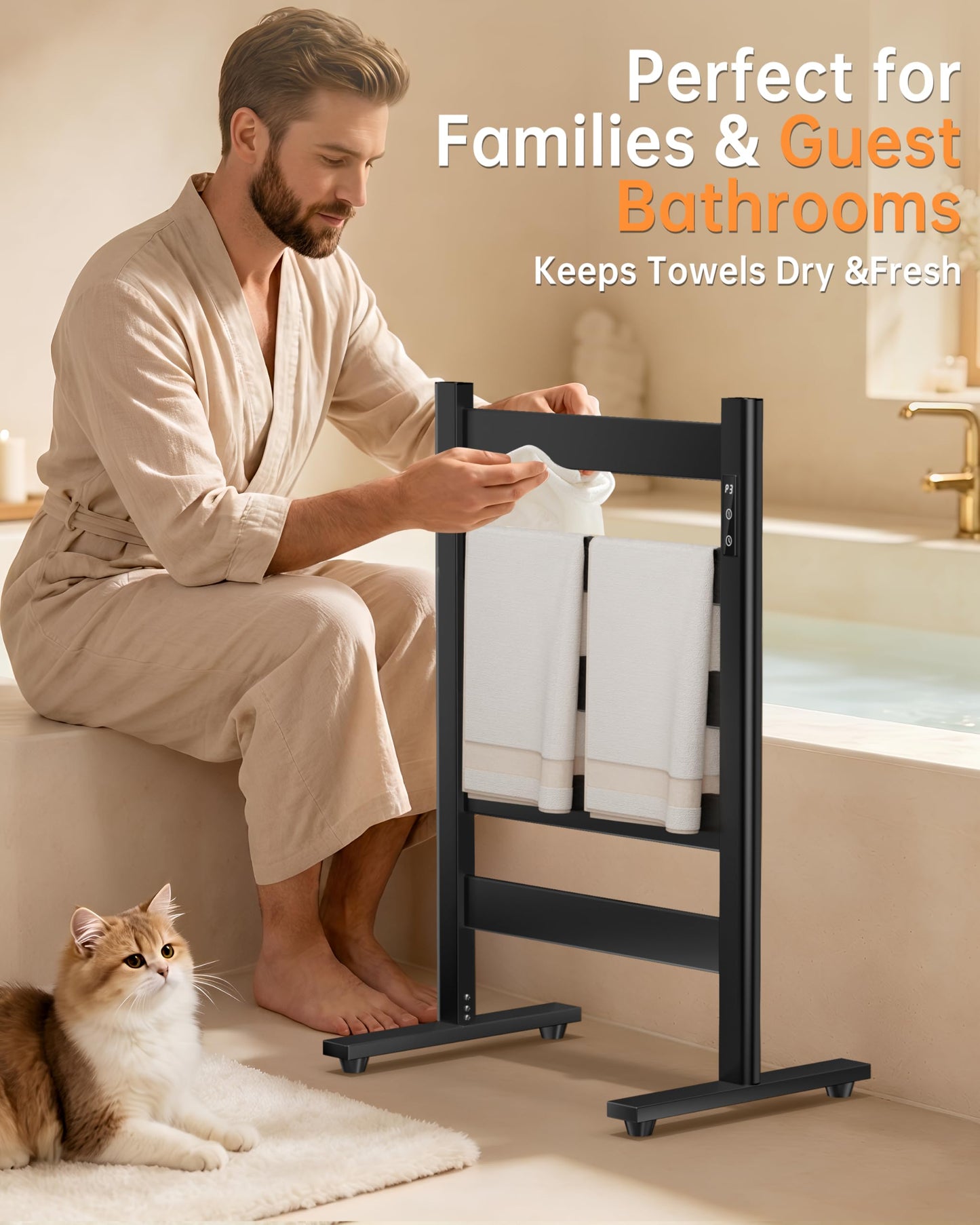 Sawlece Freestanding Towel Warmer – 5-Bar Heated Towel Rack with Timer & Adjustable Temperature, Space Aluminum, Rust-Resistant, Fast Heating in About 10 Minutes for Bathroom & Spa,Matte Black