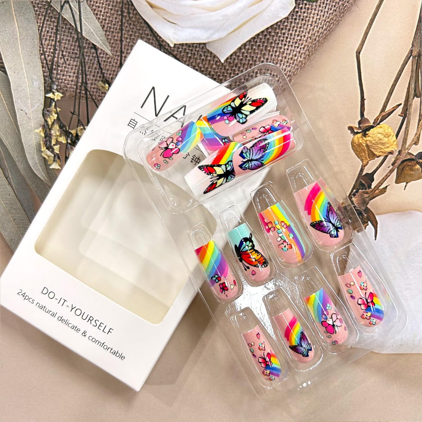 Butterfly Press-On Nails - Medium Length Rainbow Stripe Design | Colorful Square Acrylic Coffin Nails, 24 Pcs