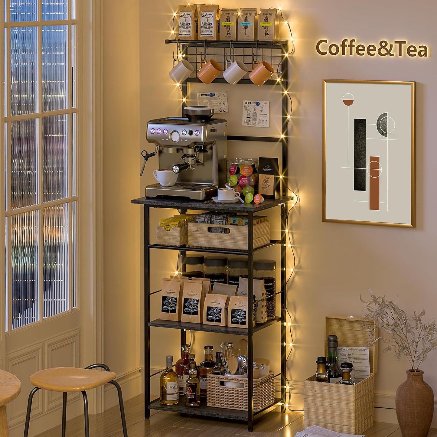 5 Tier Coffee Bar Station - Farmhouse Kitchen Stand with 4 S-Shaped Hooks | Compact Gray 13.43"D x 18.93"W x 53.31"H