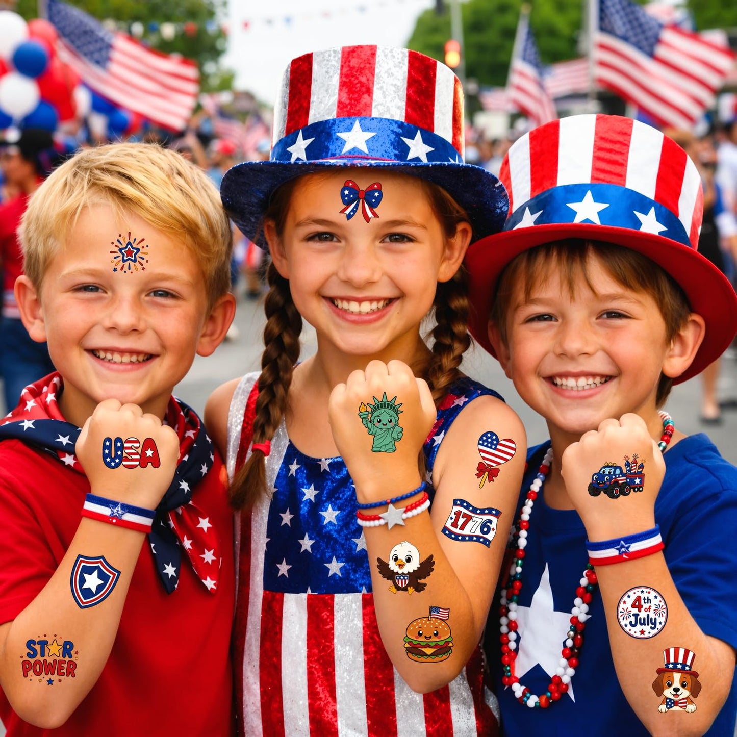 4th of July Temporary Tattoos - Cute Independence Day Stickers for Kids & Adults | Red, White & Blue Party Favors