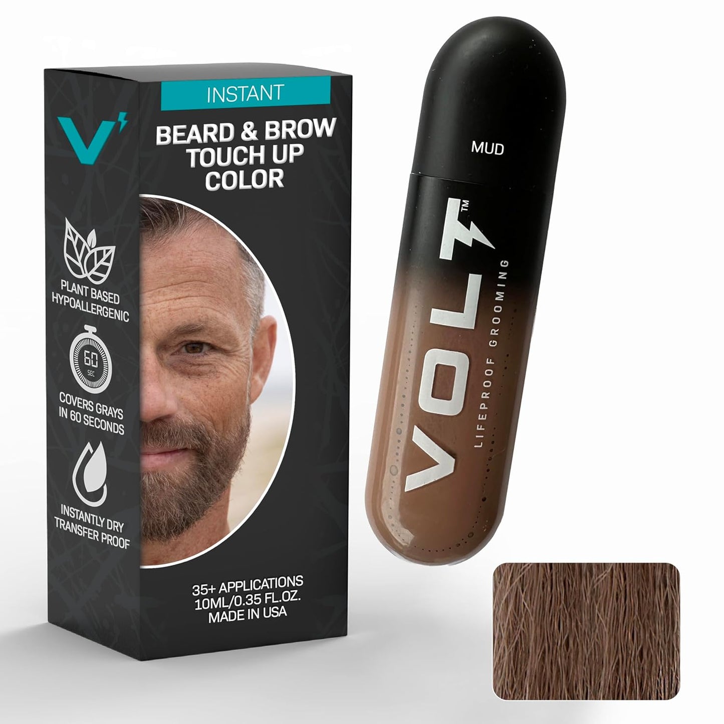 VOLT Instant Beard Color - Quick Drying Plant-Based Formula for Men | Ebony Brown/Black, 1 Pack, Up to 35 Applications