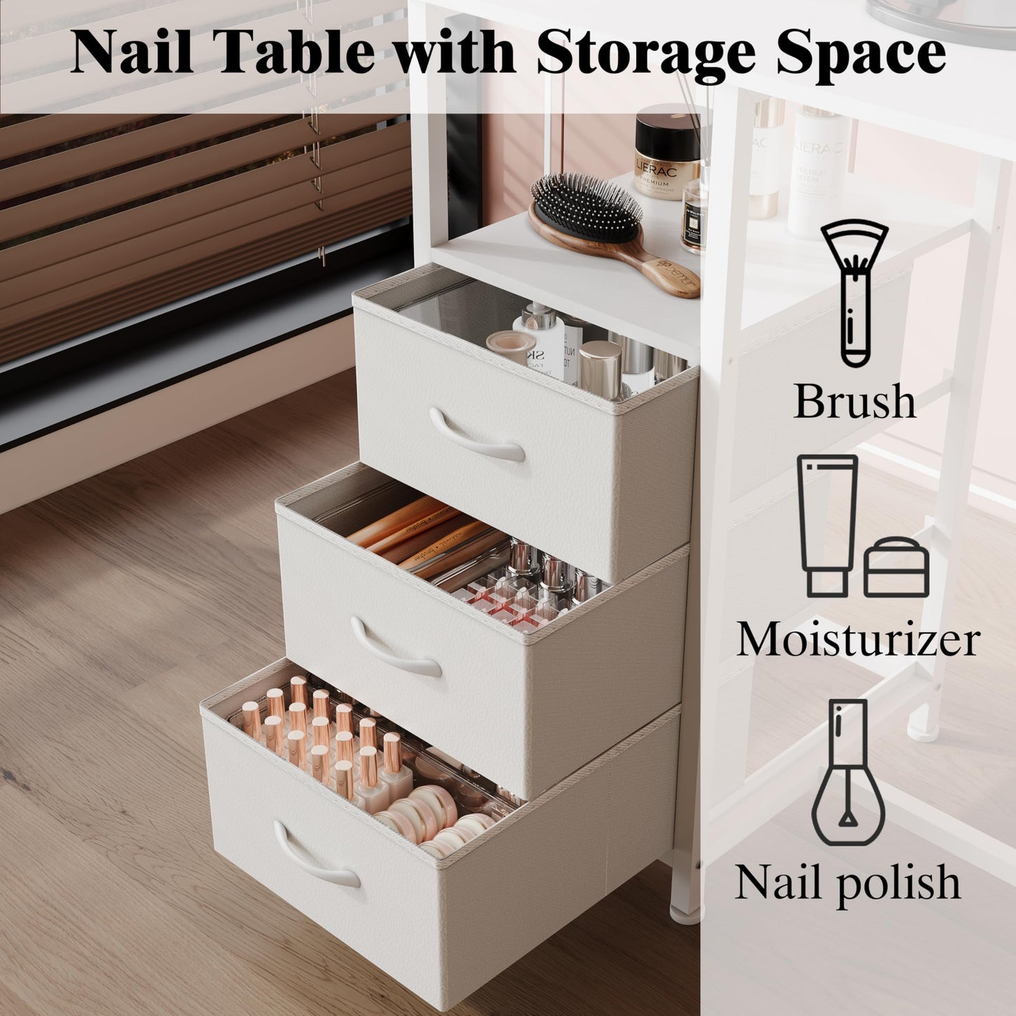 NinPeen Nail Table with dust Collector，Small Manicure Table with Drawers for Nail tech，Nail Station with Open Shelf for Home,Workshop,Makeup Beauty Salon Workstation (White)