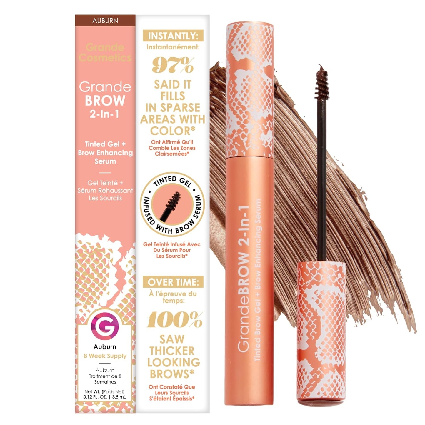 Grande Cosmetics GrandeBROW Tinted Brow Gel & Enhancing Serum - Thicker, Darker Brows with Castor Oil | Long-Lasting Formula