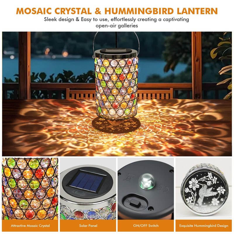 Gifts for Women, Solar Lanterns Outdoor – Mosaic Crystal & Hummingbird Hanging Solar, IP65 Waterproof Solar Powered Decor for Patio, Garden, Backyard, Pathway, Birthday Gifts