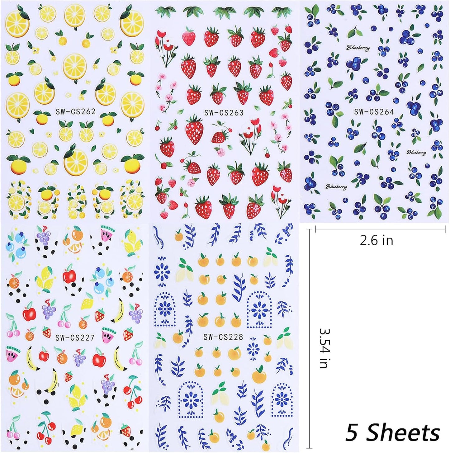 3D Summer Nail Art Stickers - Cute Fruit Decals for DIY Manicure | 5 Sheets of Lemon, Strawberry & Blueberry Designs