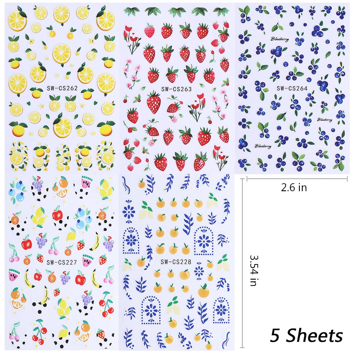 Summer Nail Art Stickers 3D Self-Adhesive Nail Decals Lemon Strawberry Blueberry Stickers for Nails Designs Cute Fruit Manicure Supplies for Women DIY Nail Art Decorations, 5 Sheets