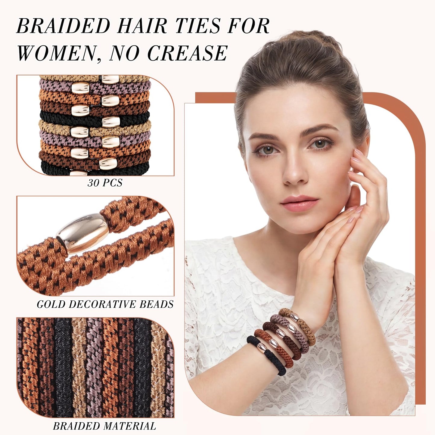 Obeoby Hair Ties for Women Thick Hair, 30 Pcs Braided Damage-free No Crease Hair Ties Bulk - Elastics Hair Rubber Bands Ponytail Holders Hair Accessories (Neutral Colors)