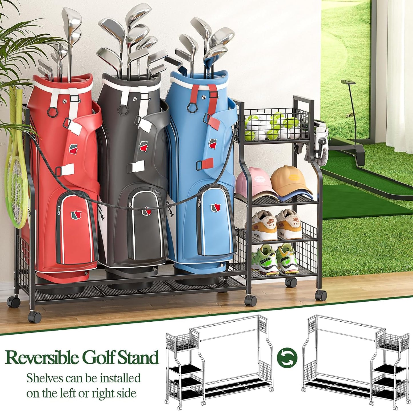 Golf Bag Storage Rack with Wheels - Durable Organizer for Golf Equipment | Ideal for Garage, Home, Shed (Black)