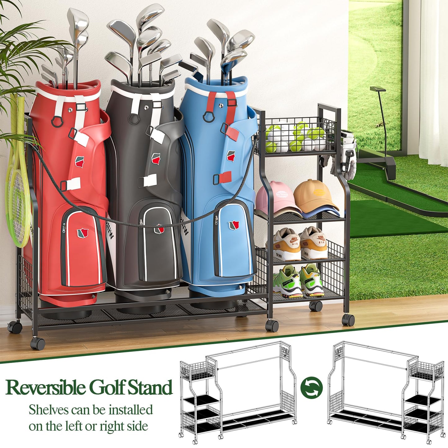 Golf Bag Storage Rack for Garage with Wheels, Organizer for 3 Golf Bag and Equipment Accessories, Golf Organizer Stand Ideal for Home, Garage, Club, Shed, Basement - Sturdy and Durable (Black)