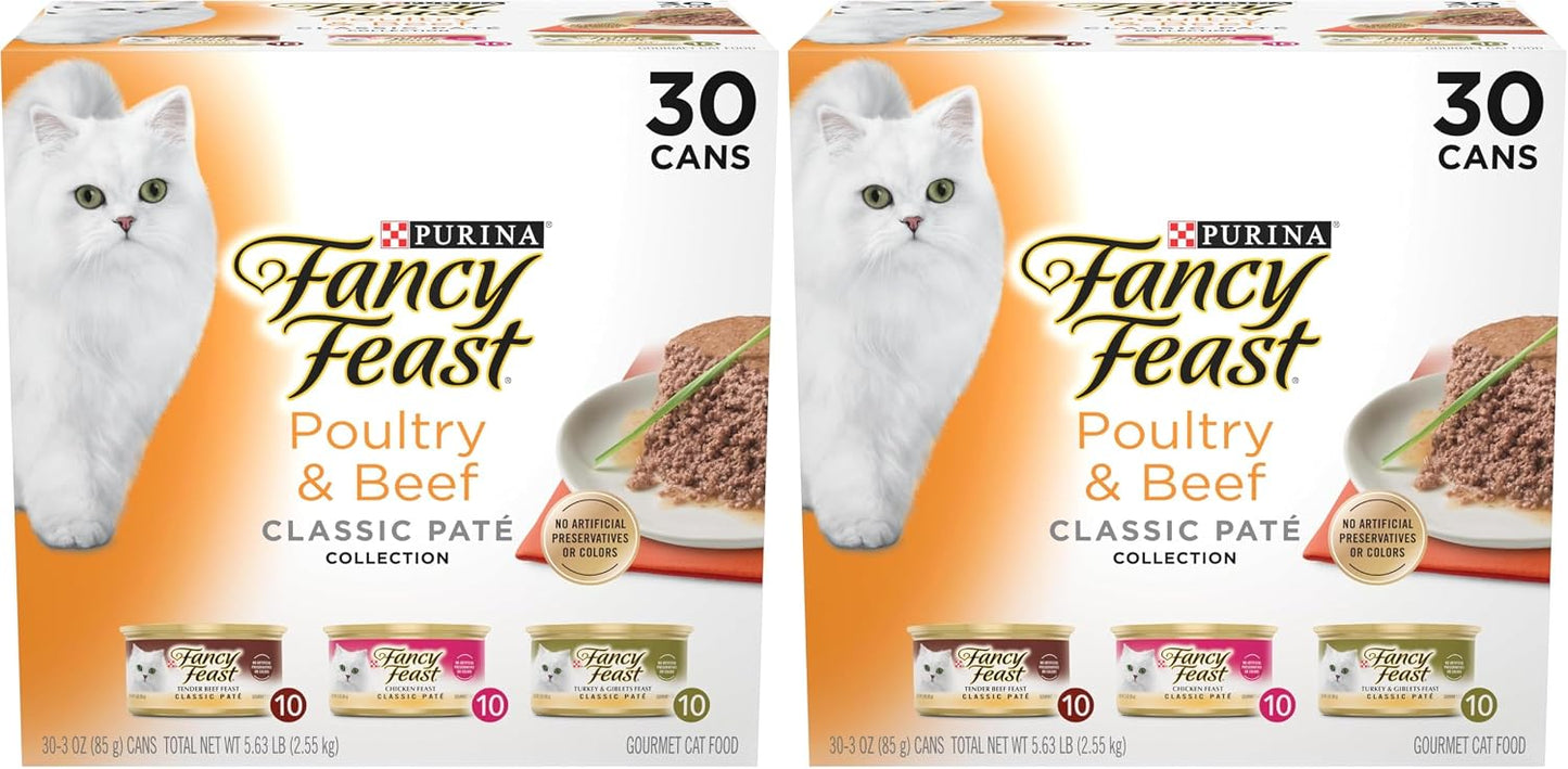 Fancy Feast Wet Cat Food Variety Pack - Grain Free Poultry & Beef Pate - 30 Cans, 3 oz Each