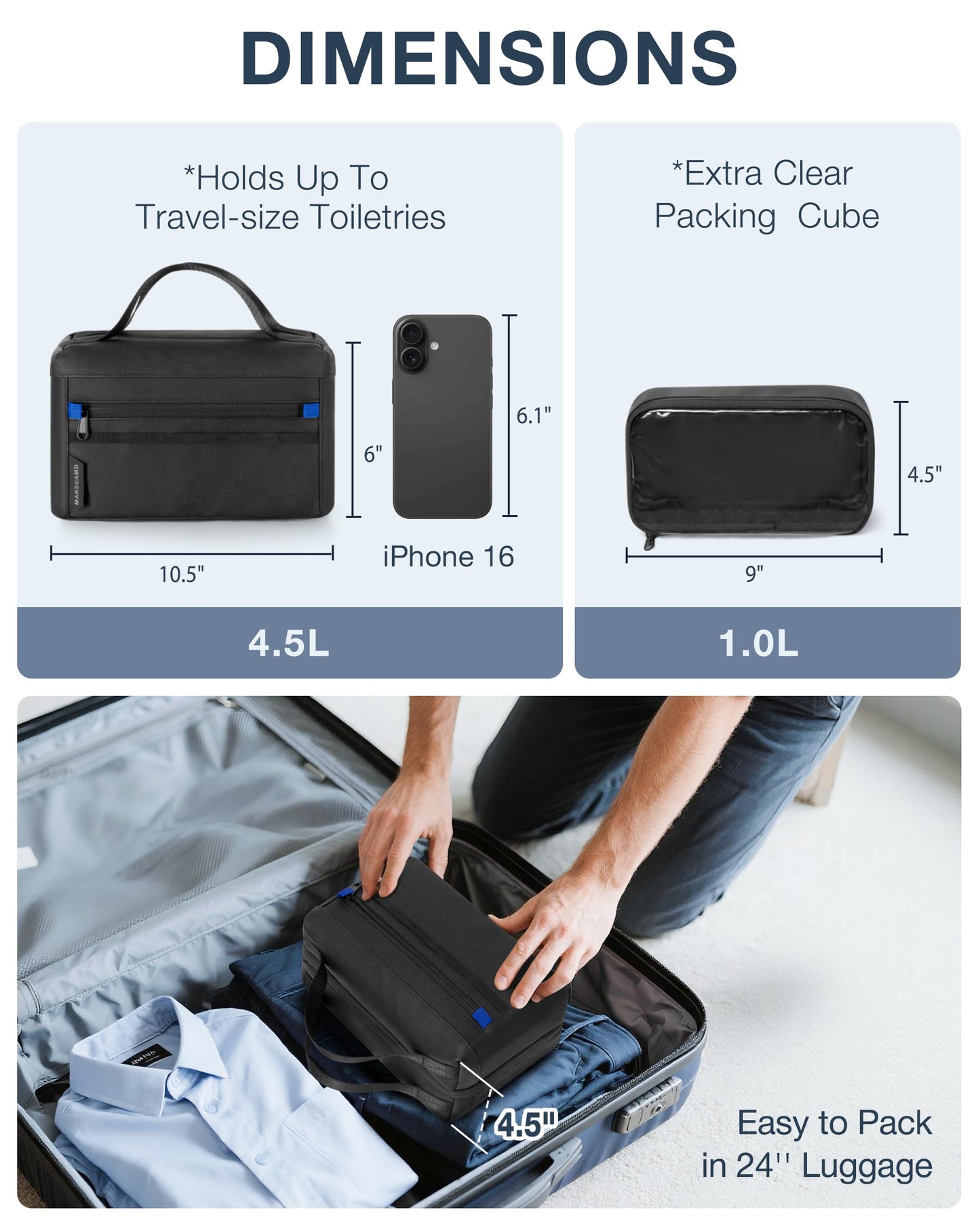 Marscamd Toiletry Bag with Travel Cube, Mens Water-Resistant Hygiene Bag, Versatile Organizer for Shaving Accessories, Bathroom and Shower Essentials, Black