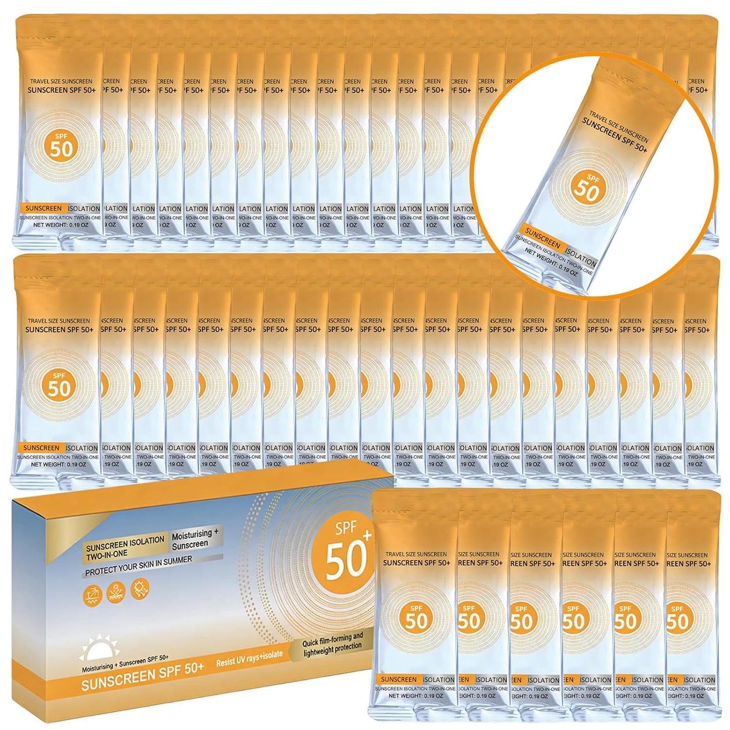 Travel Size Sunscreen SPF 50+ - 50 Pcs Mini Non-Greasy Sunscreen for Face & Body | 0.19 OZ Each