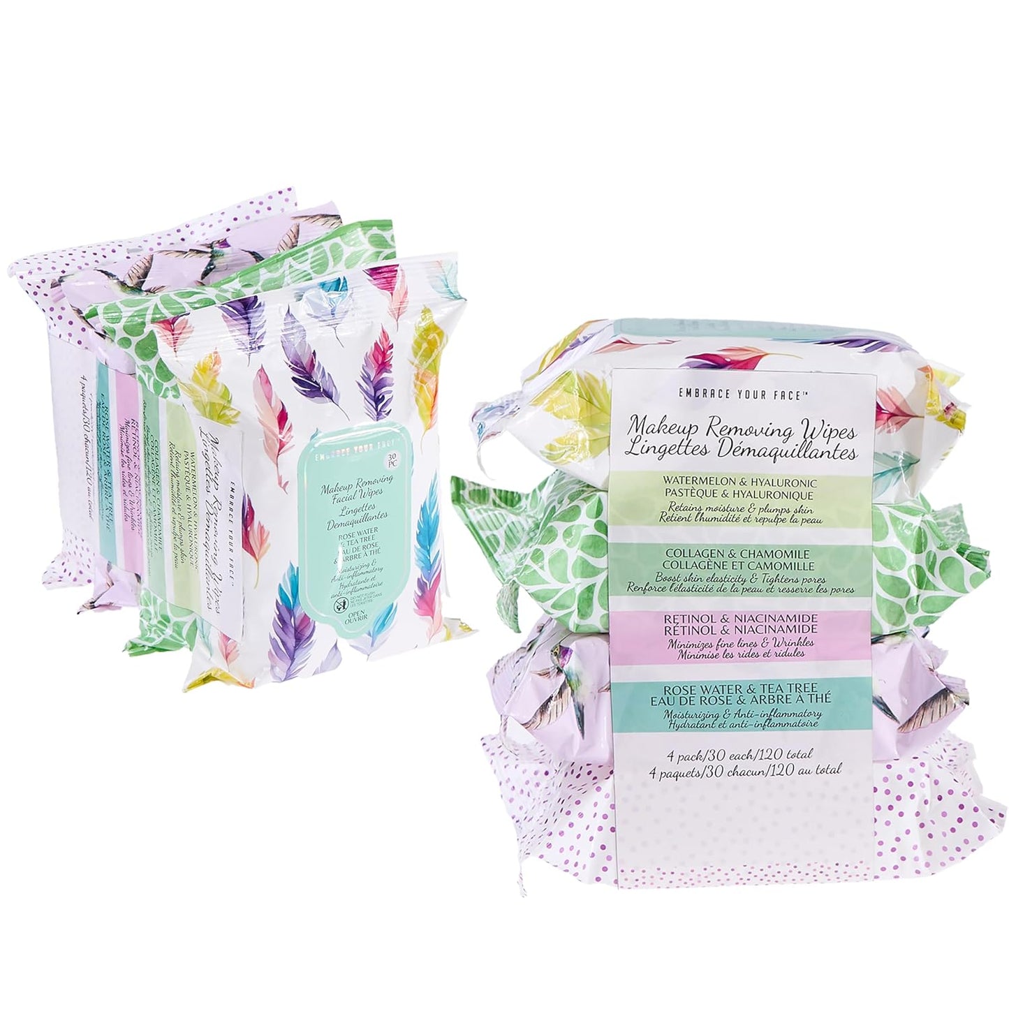 Makeup Removal Wipes - 120pc Variety Set with Hyaluronic Acid, Collagen & Rose Water | 4-Pack Cleansing Towelettes