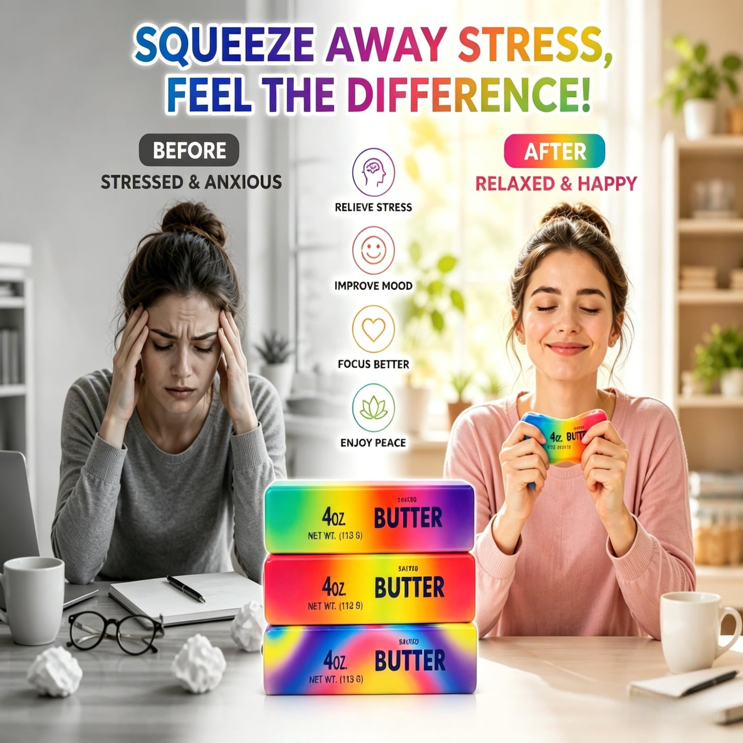 3PCS Butter Squishy Stress Toy,Soft Novelty Toy,Realistic Butter Stick Fidget, Slow Rising Soft Squeeze Toy for Adults Stress Relief & Anxiety Relief (Random 3 Dazzling Colors)