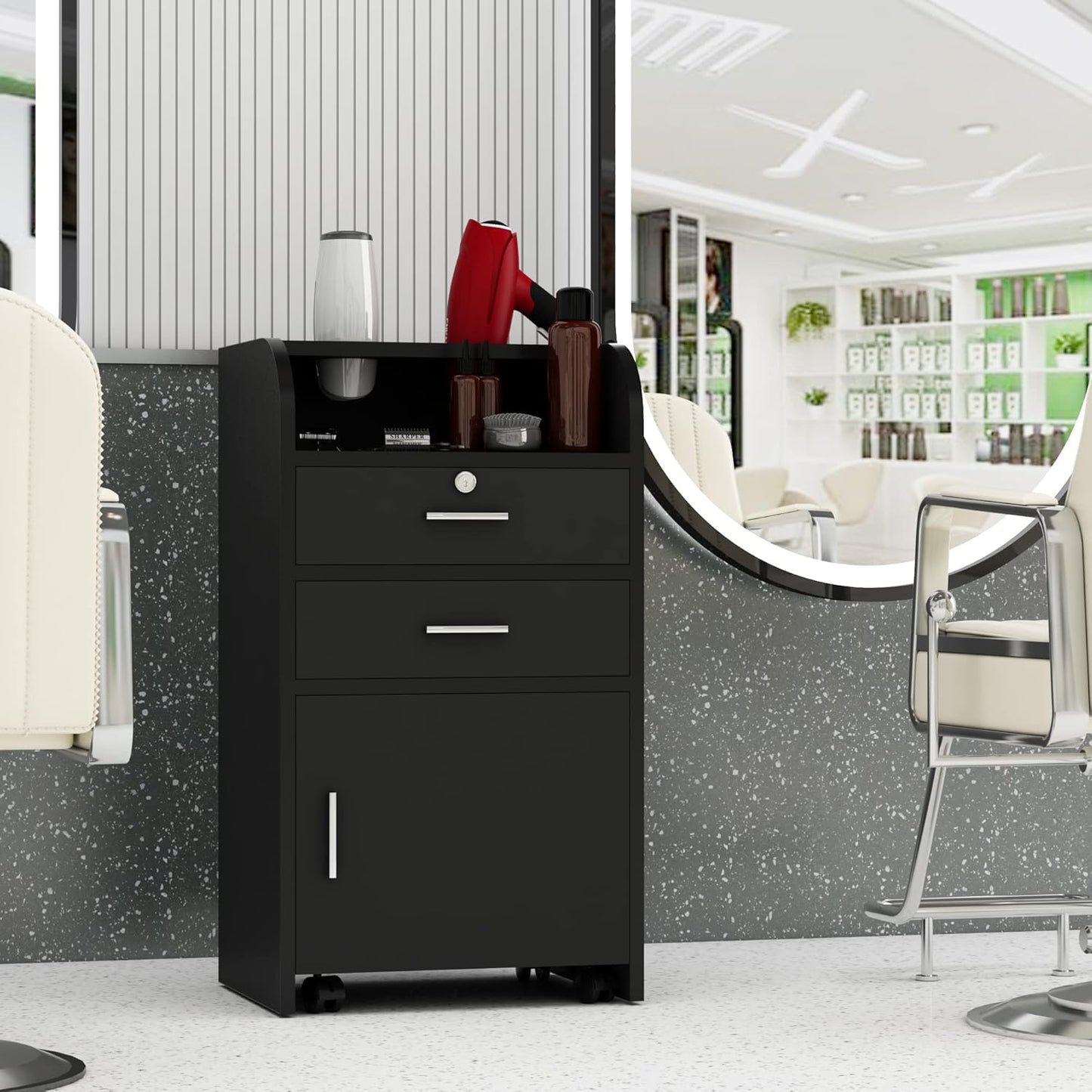 Hair Salon Station - Mobile Trolley Cart with Locking Drawer & 2 Hair Dryer Holders | Black