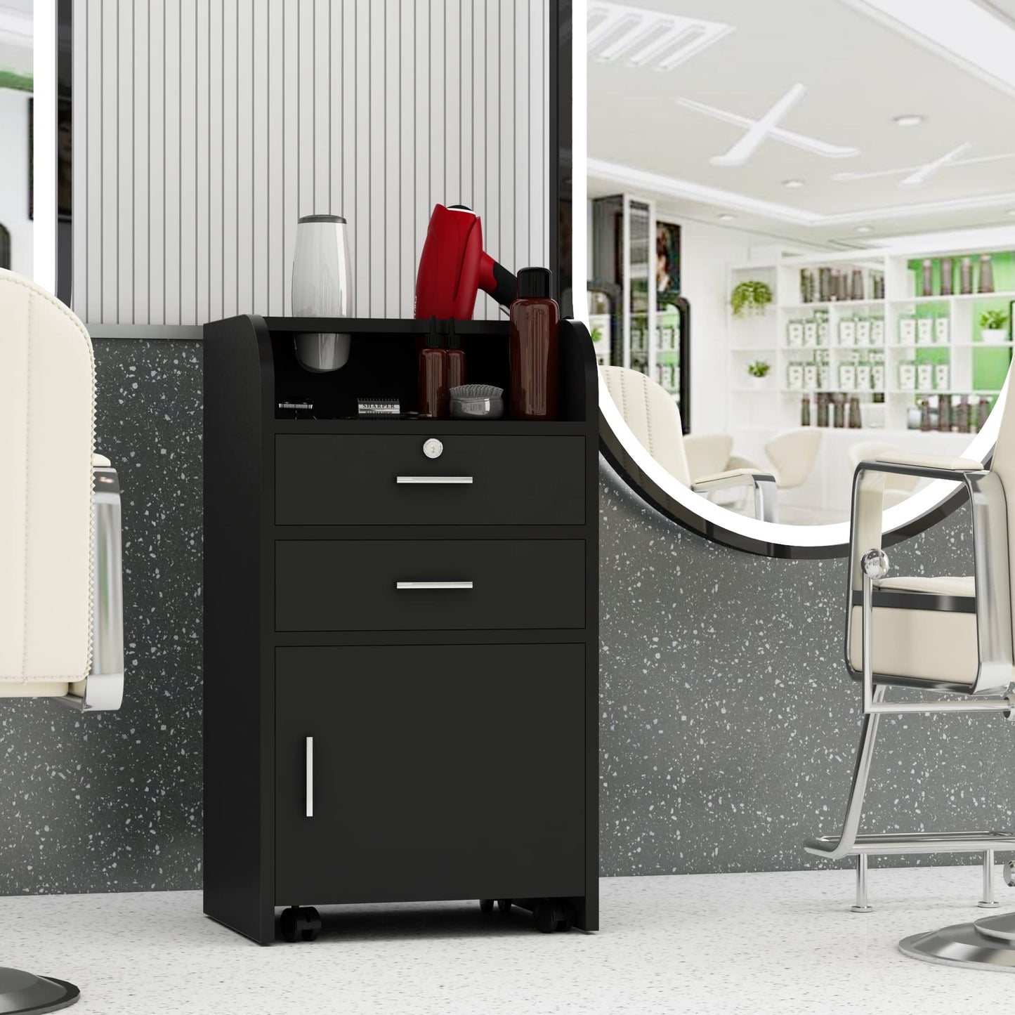 PENNYNANA Hair Salon Station,Salon Trolley Cart with Wheels,Barber Storage Cabinet with Locking Drawer, Hair Stylist Station with 2 Hair Dryer Holders, Black