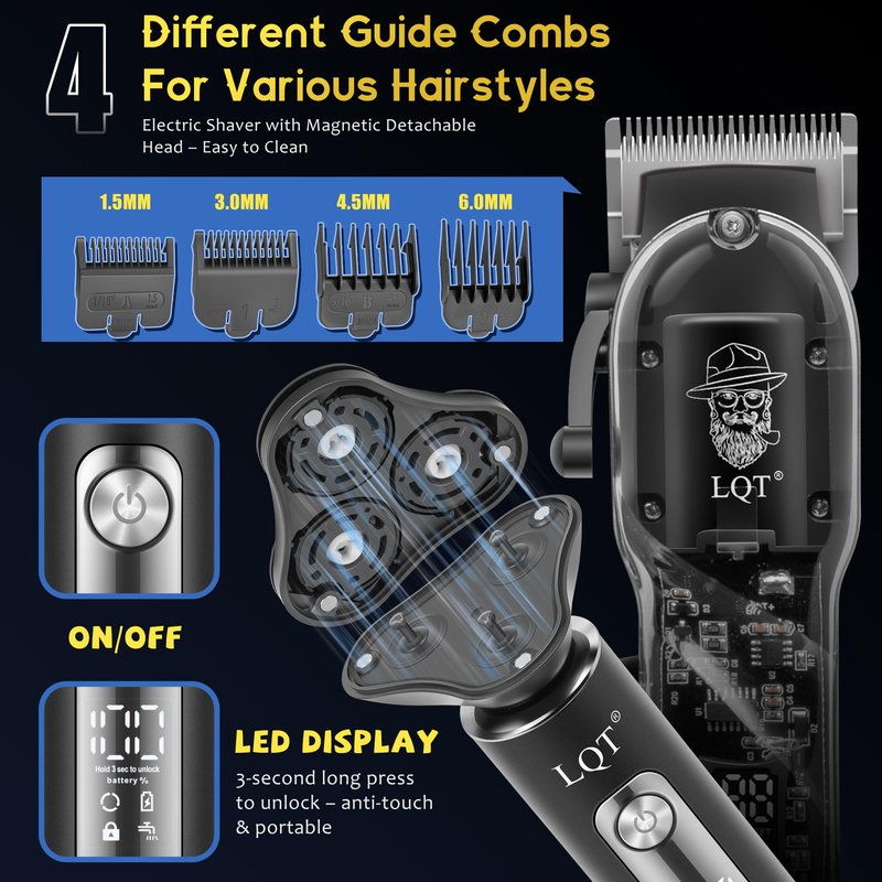 Hair Clippers for Men with LED Display, 3-Piece Professional Grooming Kit with Magnetic Attachment Shaver & Nose Trimmer, Complete Cordless Rechargeable Barber Set for Home