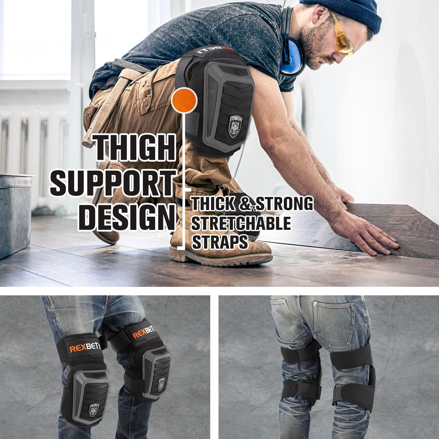 REXBETI New Upgraded Knee Pads for Work, Construction Knee Pads for Men, Heavy Duty Comfortable Anti-Slip Foam Gel Knee Pads for Gardening Flooring and Cleaning, Extra 4 Extension Straps, Gray