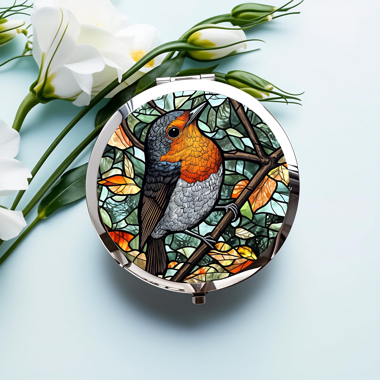 Silver Compact Mirror, 2.8x2.8inch Double-Sided Folding Makeup Mirror with Robin Bird Stained Design, Ideal Gift for Women