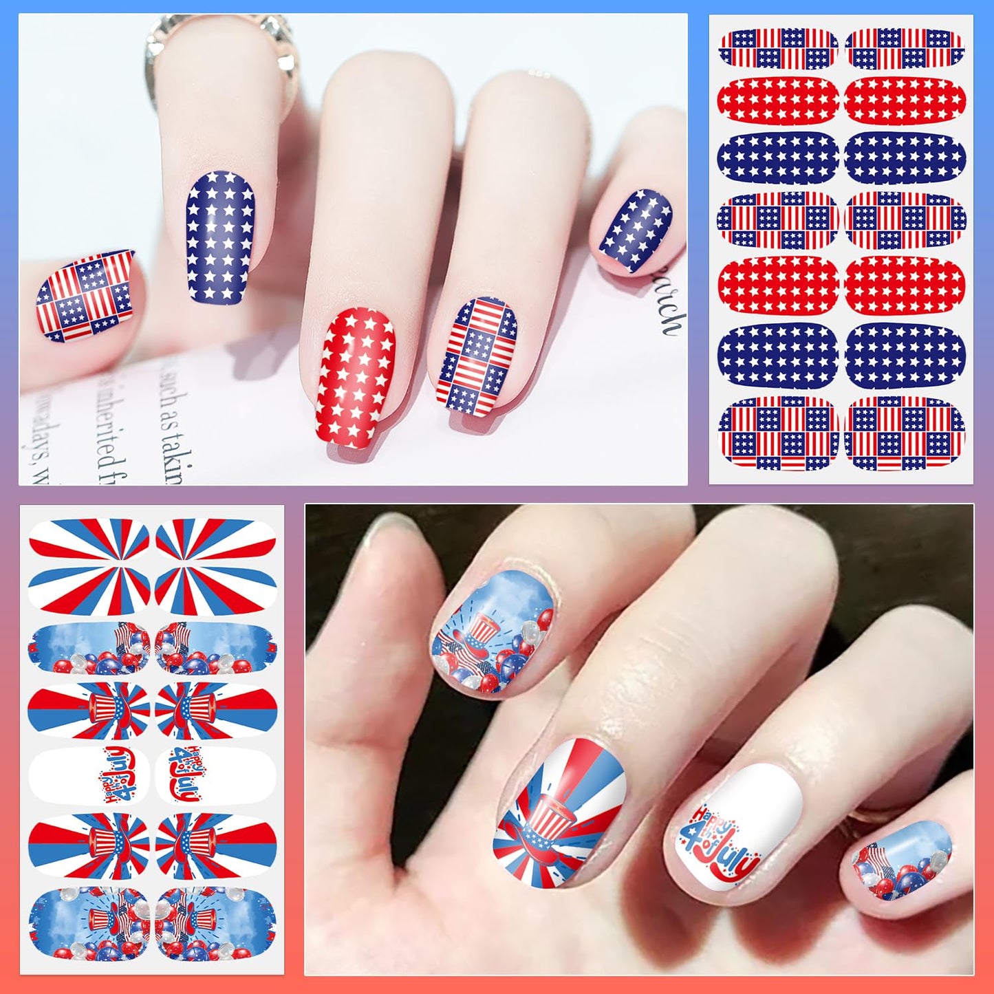DANNEASY 12 Sheets 4th of July Full Nail Wraps Independence Day Nail Polish Stickers Self-Adhesive Nail Polish Strips Gel Fingernail Stickers for Women with Nail File, Cuticle Stick