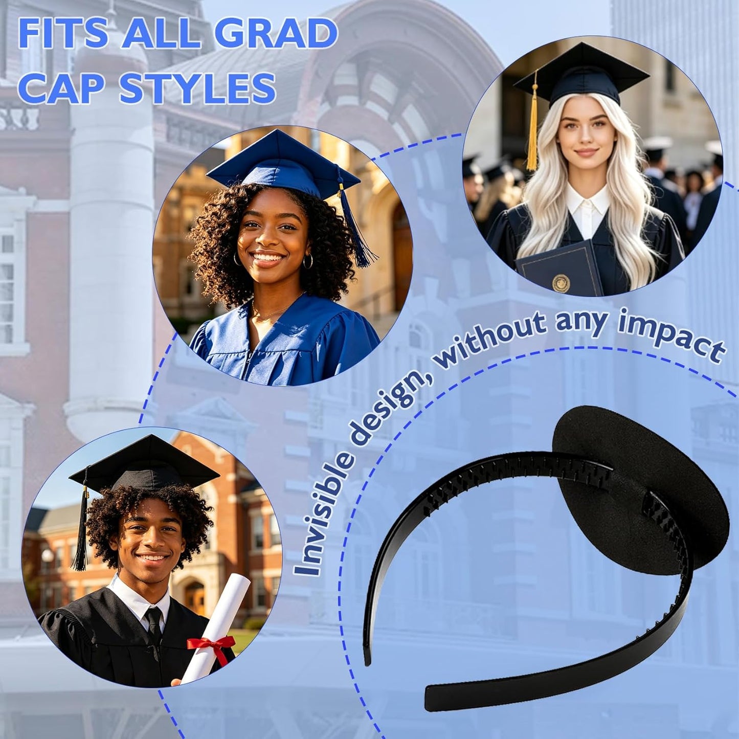 Graduation Cap Headband - Secure Anti-Fall Holder for Grad Caps | Black, 1 Pack