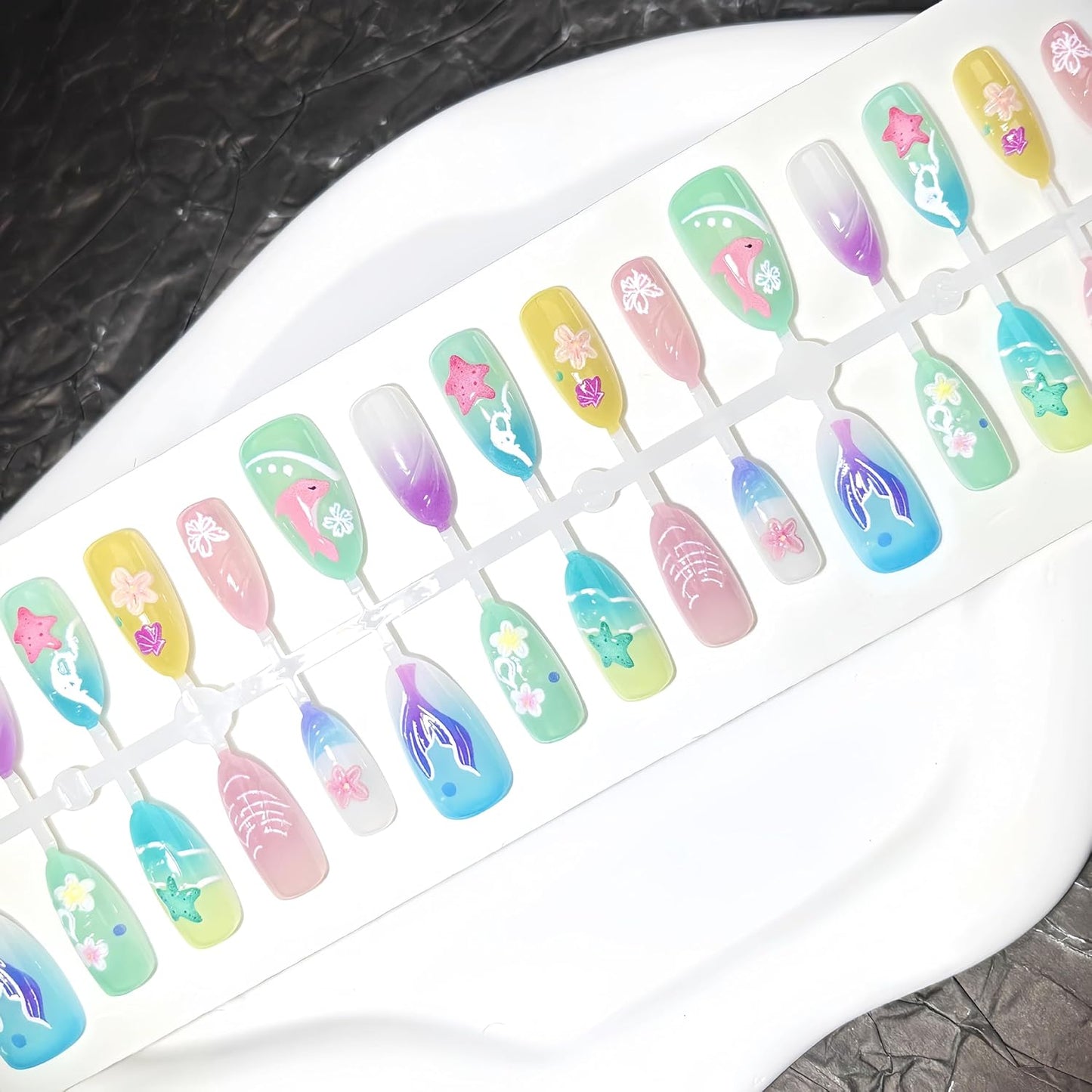 3D Handmade Press-On Nails - Summer Starfish Floral Design | Medium Almond Full Cover Ocean Theme