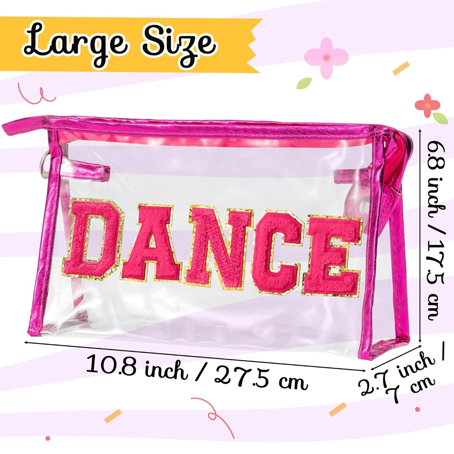 Clear Makeup Bag - Preppy Hot Pink Dance Chenille Patch | Extra Large Waterproof Toiletry Organizer for Women