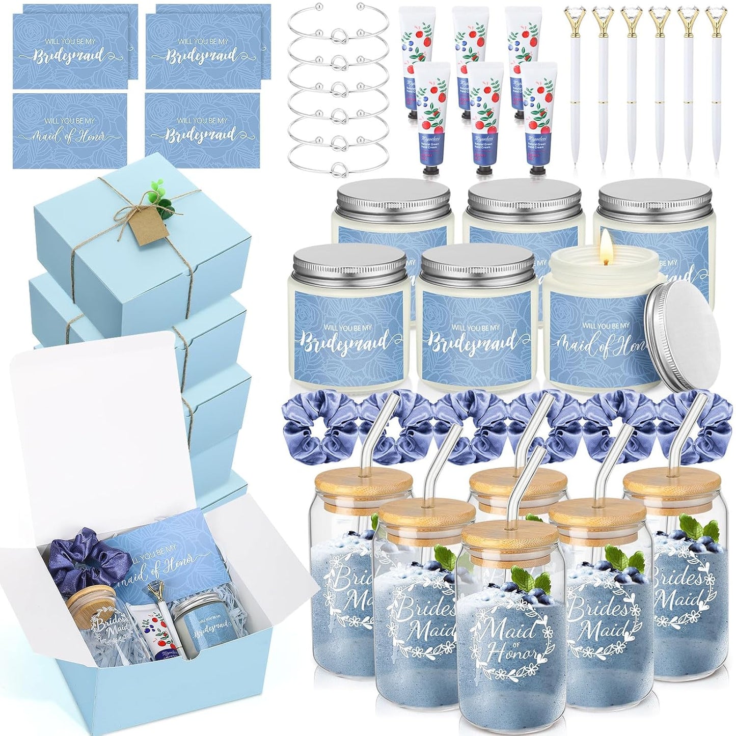 Bridesmaid Proposal Gifts Box Set - 60 Pcs Including Glass Cup, Candle, Cards & More | Black